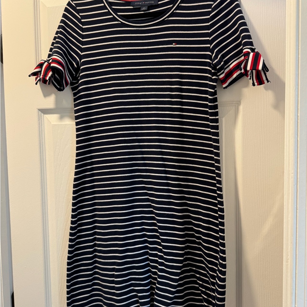 Tommy Hilfiger Striped Navy Dress with Bow Sleeves